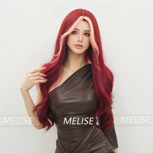 Wig Women's Mid-length Curly Hair wine red Bangs Stacky Upgraded Hair Stitching Comfortable Full-head Wig for Daily Wear