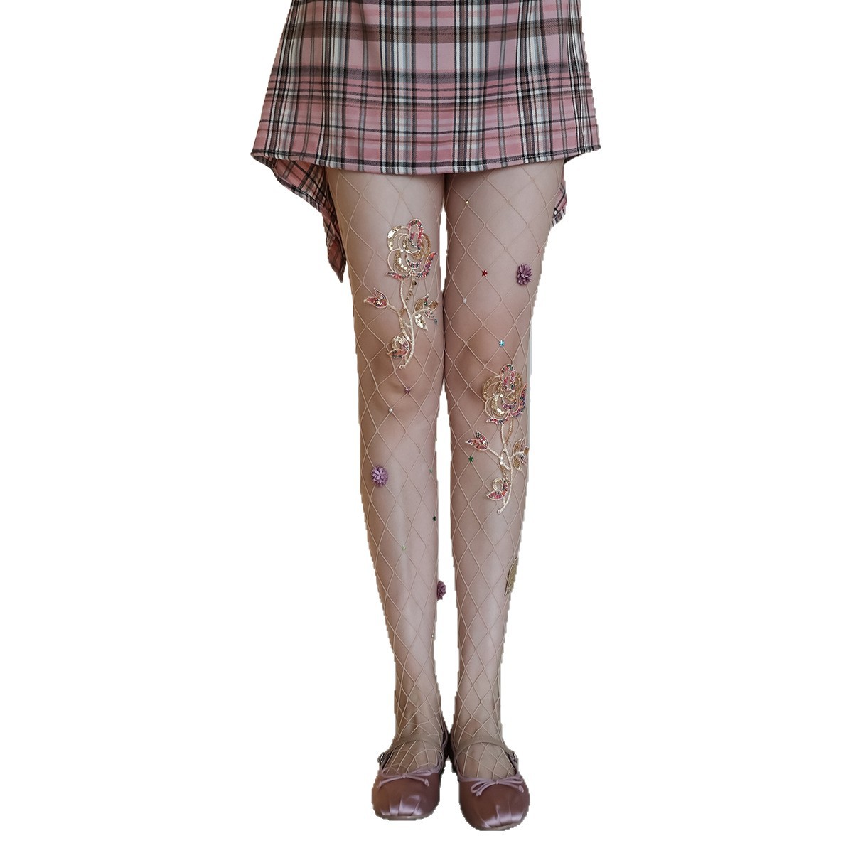 French-Style Light Luxury Gold Rose Embroidery Skin-Colored Fishnet Stockings with Unique Design and Star Embellishments, Sexy Hot Girl Stockings