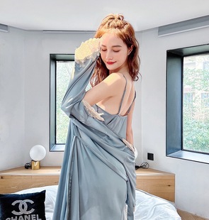 Pajamas women's spring and autumn ice silk long sleeve thin sexy lace strap silk home wear three-piece suit summer