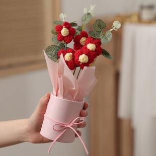 Cross-border Knitted Flower 5 Puffs Barrel bouquet wool tulip flower DIY to send Goddess mother Valentine's Day hot sale