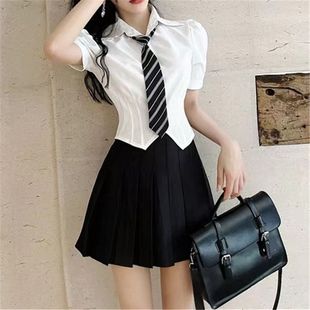 Preppy style white puff sleeve shirt short sleeve small fragrance tight waist beautiful small shirt jk uniform pure desire women's suit