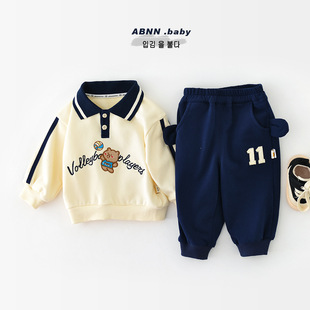 Baby Autumn suit Children's Lapel Korean Casual Bear Sweatshirt Baby Autumn Western Style Sports Pants Two-piece Set