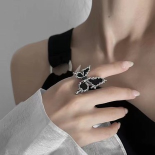 Black Butterfly Ring Women's Opening Adjustable Fashion Personality Exaggerated Niche Design Advanced Sense Cold Wind Ring