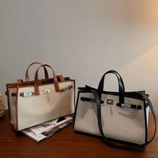 Canvas Patchwork Leather Kelly Bag Women's 2025 New Fashion High-end Niche Handbag Shoulder Bag Crossbody Bag