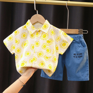 Children's summer clothing suit 2023 New handsome trendy children's clothing boys' baby Denim shorts short sleeve loose two-piece suit