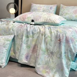 Summer skin-friendly non-stick washing ice silk digital printing cassette summer cool quilt air conditioning quilt four-piece set Tencel