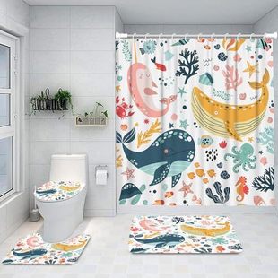 4-piece bathroom shower curtain suit with non-slip carpet toilet lid and bathroom mat, watercolor vintage mat bath mat