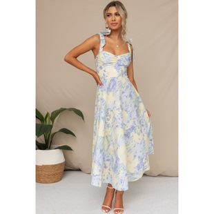 Summer 2024 Cross-border Amazon New Slim-fit Slim-fit V-neck Strap Printed Mid-length Dress for Women