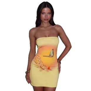 Vacation Style Sexy off-shoulder Butterfly Print Slim-fit Buttress Wrap Dress Spice Girl Personalized Evening Dress dress