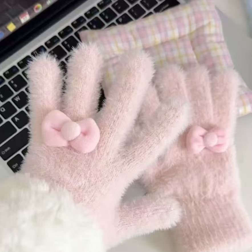 Cute and Trendy Winter Gloves with Bowknot Design for Girls, Warm and Plush, Suitable for Students and Cycling