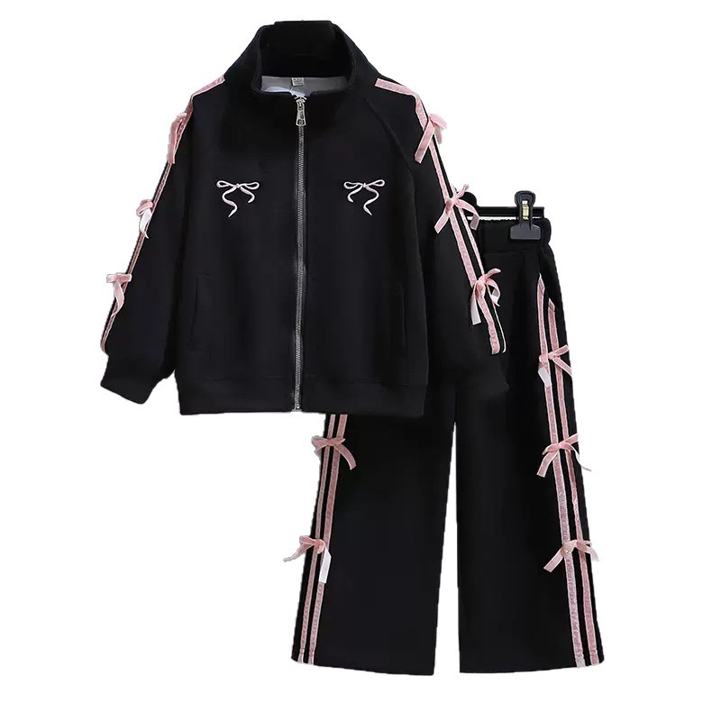 New Fashionable Princess-Style Bowknot Outfit for Primary and Secondary School Students in Spring and Autumn, Stylish Jacket and Long Pants Two-Piece Set for Girls