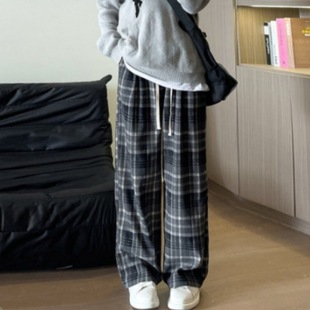 Vintage Plaid Casual Pants Women's Summer 2024 New Internet Popular Slimming Straight Wide Leg Pants New Drawstring Pocket