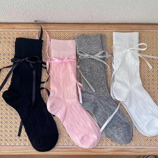 Spring and Summer Bow Tie Socks Japanese Style Jk Ballet Style Socks Women's Vertical Stripe Mesh Hollow Middle-leg Socks