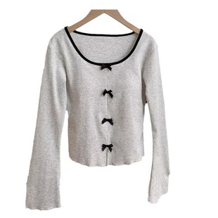 2024 Autumn Chic Sweet Spice Girl Long-sleeved T-shirt with Chest Pad Bow Bell Sleeve Ballet Style Niche Top