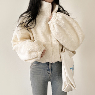 Lamb wool sweater women's 2025 autumn and winter fleece-lined thickened loose cardigan zipper collar coat coat tide