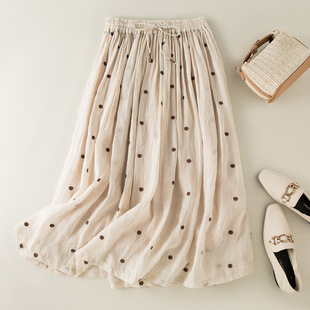 Summer 2022 new cotton and linen lined slimming pleated retro elastic waist plus size large swing skirt for women