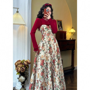 2024 High-grade dress French New Style Retro Elegant Floral Sling Autumn and Winter Slimming Two-piece Set