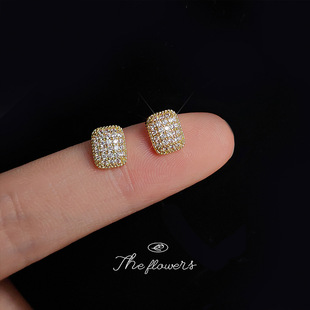 Micro-inlaid zircon 925 silver needle plating 14K rectangular geometric earrings simple temperament high-end earrings earrings wholesale