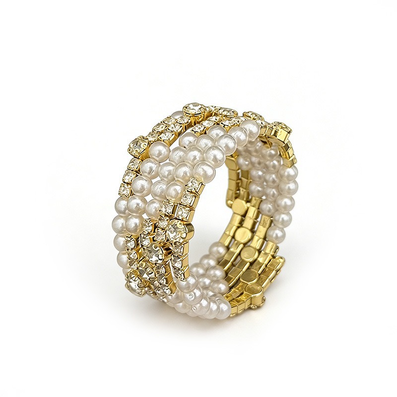 European and American New Style Multi-Layered Pearl Hand Jewelry with Diamond-Encrusted Steel Wire Elastic Women's Light Luxury Bracelet Wholesale B355