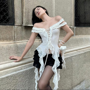 Cross-border 2024 European and American-style Spring New Women's Solid Color Slim-fit Street Fashion One-character Collar Lace Top for Women
