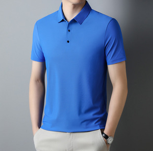 Summer solid color lapel polo shirt men's high-end business casual ice silk short sleeve polo shirt men's top cross-border men's clothing