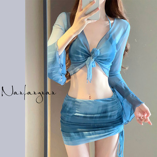 Bikini swimsuit for women 2024 new four-piece suit for seaside vacation conservative high-grade split sexy swimsuit hot spring