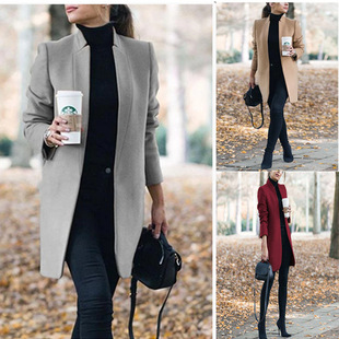 Amazon new European and American fashion elegant autumn and winter coat women's solid color stand collar slim long woolen coat women