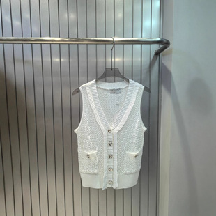 Fashionable Little Fragrance Style Knitted Cardigan for Women to Wear in Spring Yellow V-Neck Flap Pocket Pants Knitted Vest for Women