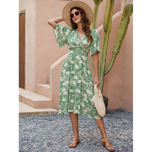 Amazon Cross Border Women's Cotton Print V-Neck Short Sleeve Waisted dress Bohemian Holiday Beach Dress