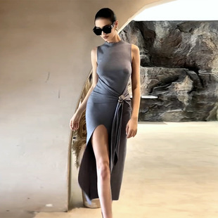 Autumn XY24602 2024 New Hip Skirt Fashion Elegant Sexy Split Half High Collar Sleeveless dress