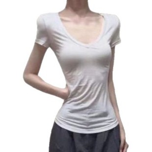 Janamni Summer Tencel Cool V-Neck Slim Short-Sleeved T-Shirt Women's Pure Desire Wind Slightly Penetrable Spice Girls Casual Top