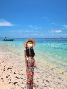 Swimwear Women's Seaside Vacation suit Long Dress Super Fairy Neck Thai Printed Strap Backless Bikini Sexy Swimwear