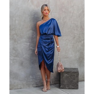 Cross-border independent station 2024 sexy unilateral sleeve rose segment irregular skirt dress evening dress women