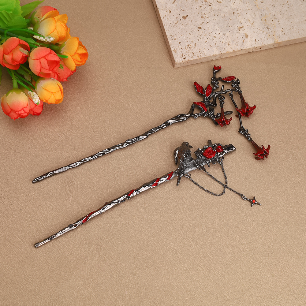 New Chinese Style Retro Rose Crow Hairpin Female Niche Sweet Cool Dark Style Tassel Step Shake Sexy Hair Accessories