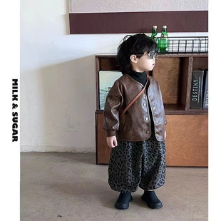 Korean Style Boys and Girls 2024 New Maillard Small Leather All-match Base Korean Style Leopard Print Bloomers Three-piece Set