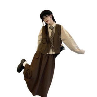 Japanese Style Retro College Style Age-reducing Long-sleeved Shirt New Vest Vest High Waist Skirt Three-piece Set for Women