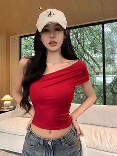 Сексуальная сладкая горячая девушка косая футболка женская летняя талия с короткими рукавами нерегулярный дизайн с открытыми плечами короткий топ