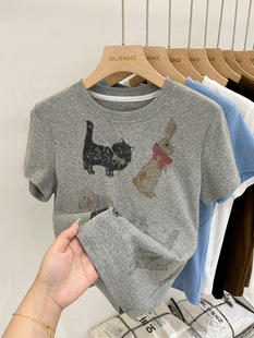 Cartoon Animal Print Pure Cotton Shoulder Short-sleeved T-shirt Women's Summer Design Sense Niche T-shirt Loose Top