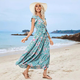 2024 Summer New Arrival Printed Waist Strap V-Neck Short Sleeve dress Bohemian Holiday Beach Dress