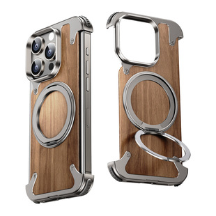 Walnut one-grain shell for Apple 16PROMAX mobile phone case metal 360 rotating bracket frameless magnetic attraction