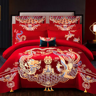 Wedding Four-piece Set Red Dragon and Phoenix Embroidery Wedding 60-80-piece Set Wedding Festive Kit Wedding Bedding