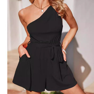 Cross-border 2024 European and American Spring and Summer New Women's Off-shoulder Lace-up Pocket Street Sexy Casual Solid Color one-piece Shorts