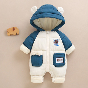 Baby Jumpsuit thickened men's and women's autumn and winter hooded fleece-lined warm coat Children's Outing romper romper