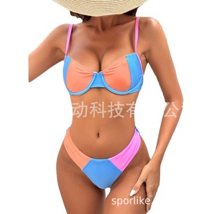 Small fresh solid color stitching bikini cross-border foreign trade export Europe and the United States split swimsuit women's 2024 new bikini