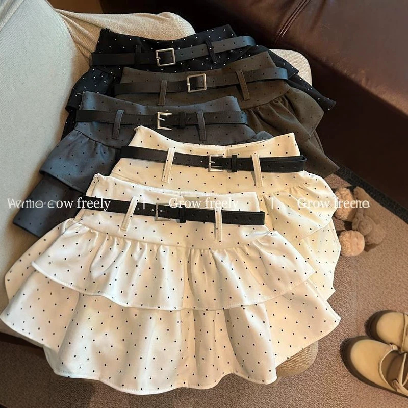 2026 New Korean Style Polka Dot Ruffled Cake Skirt, Summer 2026 New Girlish High-Waisted Short Skirt