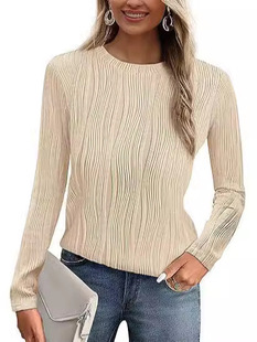 2024 Amazon Women Solid Color T-Shirt Autumn Long Sleeve Crewneck Water Ripple Fashion Casual T-Shirt Top