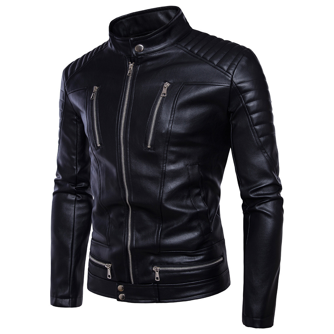 Aliexpress Wish Cross-Border New Autumn and Winter Men's Motorcycle Leather Jacket Korean Style Slim Multi-Zipper Leather Jacket Men's Jacket
