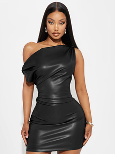 European and American-style Elegant Fashion PU Leather Solid Color Stitching Sexy Slant Shoulder Slim-fit Slim-fit Short dress for Hip