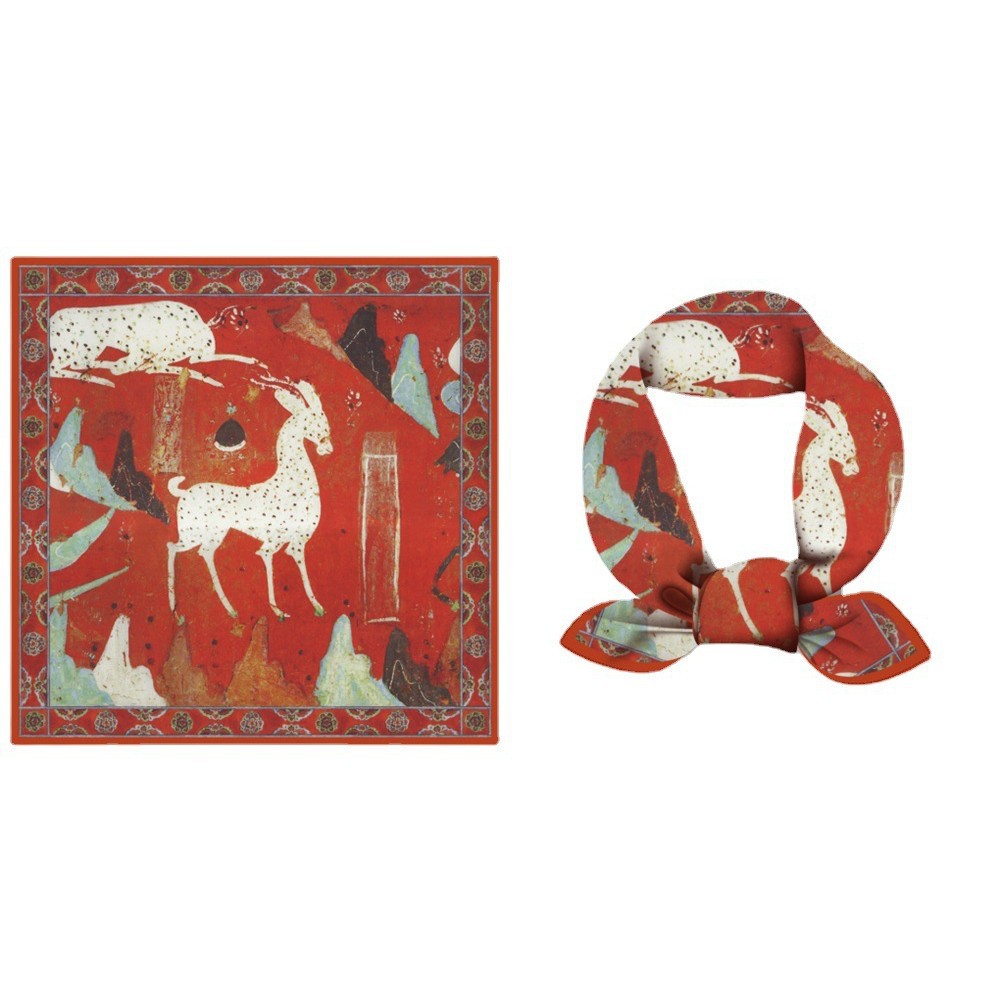 Spring Chinese Style Silk Scarf, Dunhuang Nine-Colored Deer, Trendy New Fashion, Men's and Women's Small Square Scarf, 53cm