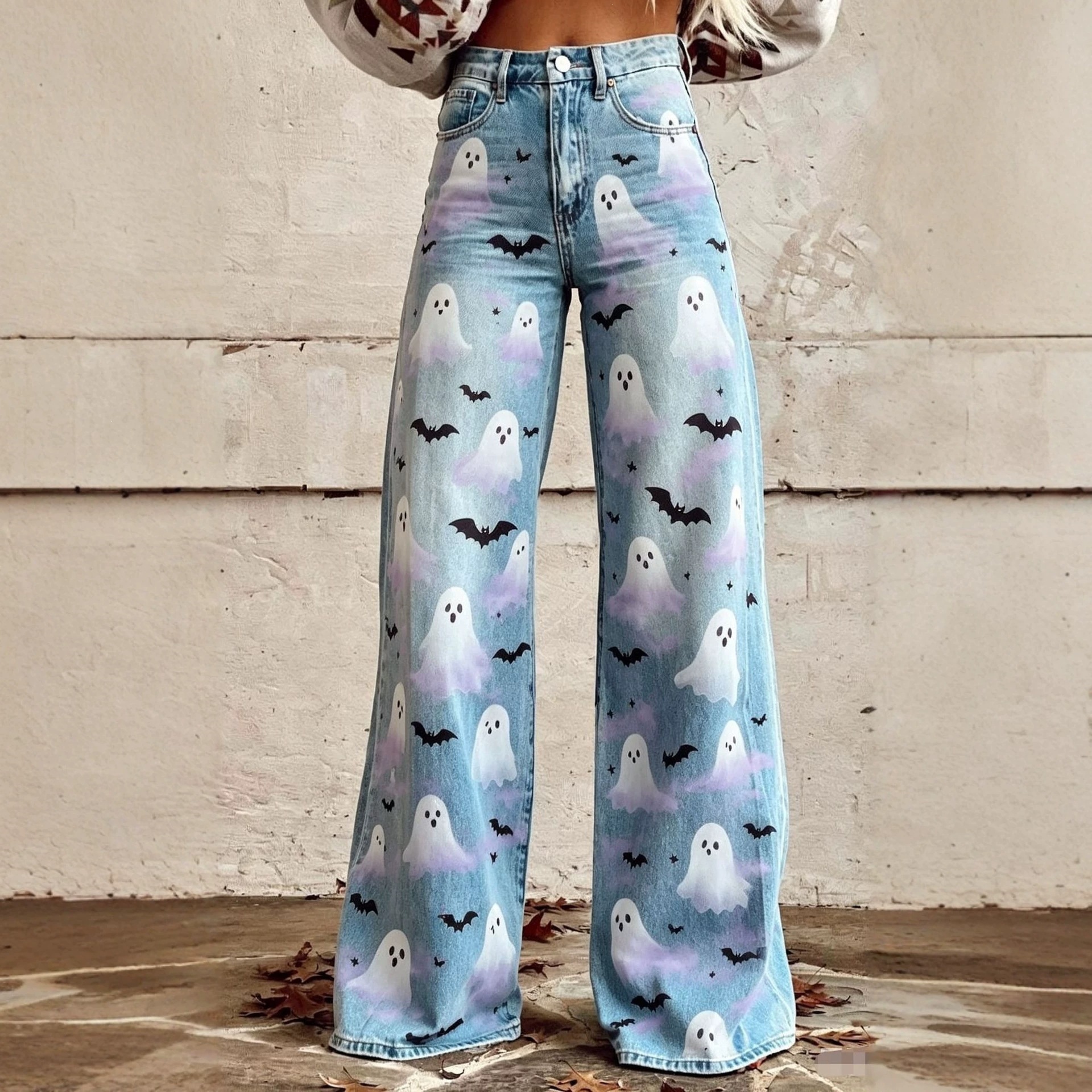 New autumn women's denim wide-leg pants with Halloween pumpkin, bat, and spider web prints, high-waisted flared trousers
